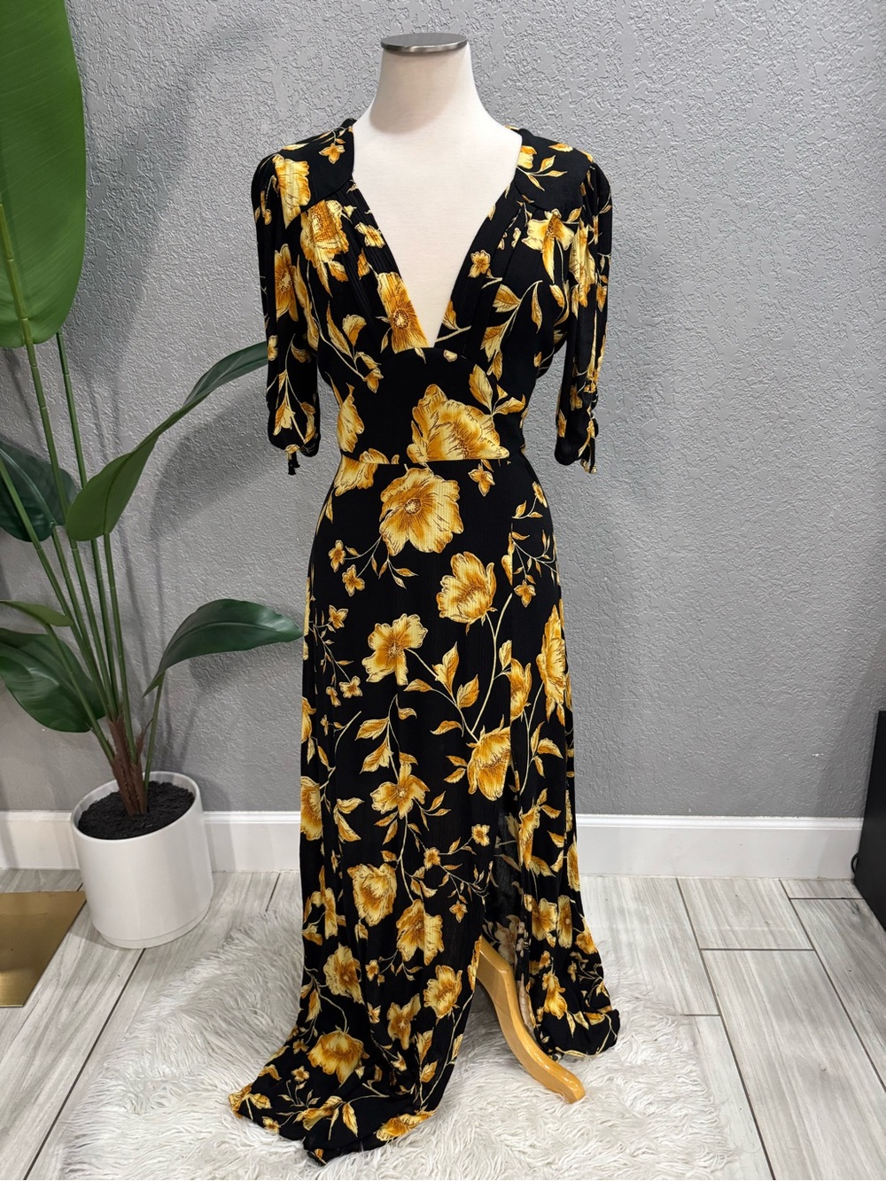 Black & Yellow Floral Wrap Maxi Dress